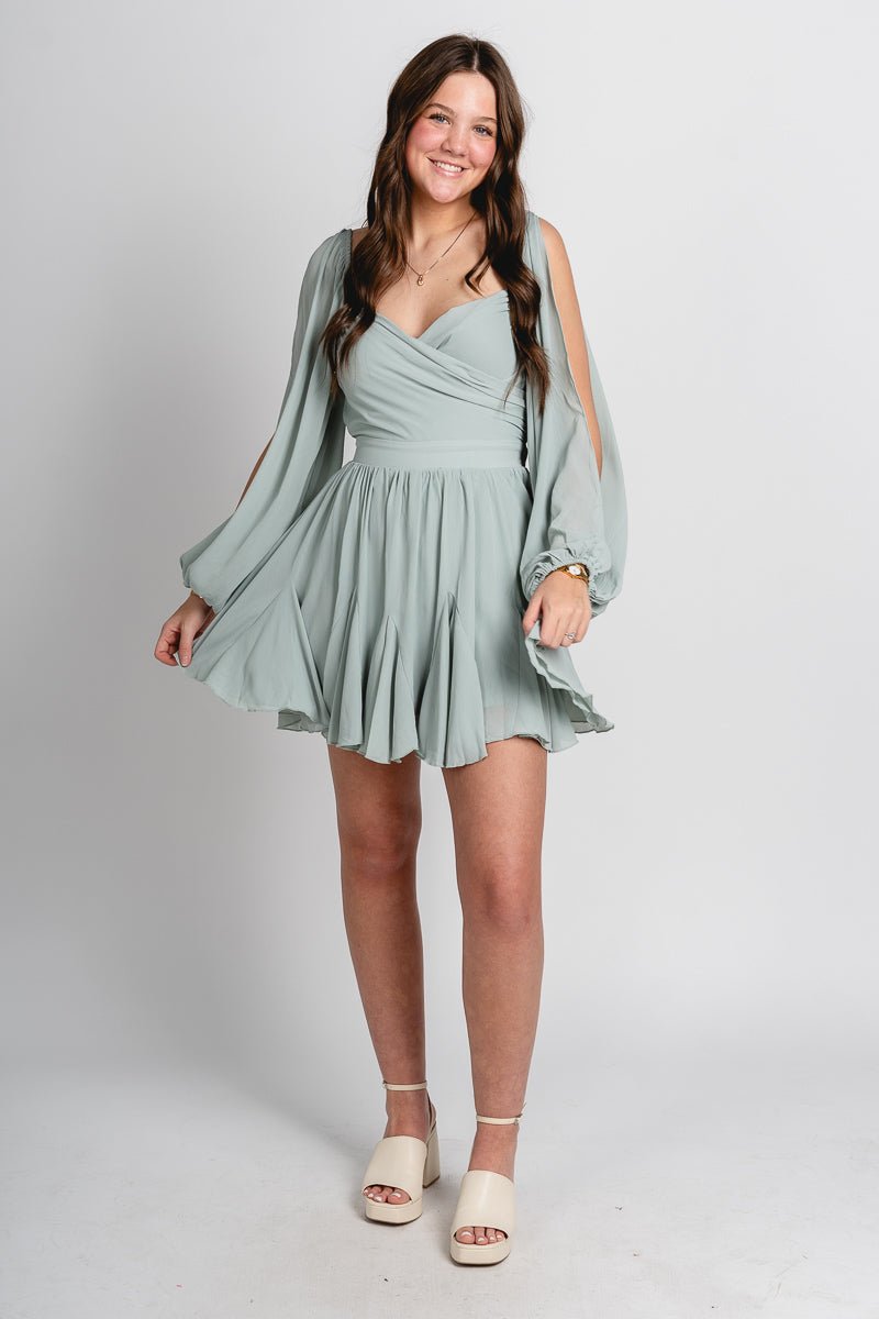 Ruffle mini dress sage - Cute dress - Trendy Easter Clothing Line at Lush Fashion Lounge Boutique in Oklahoma