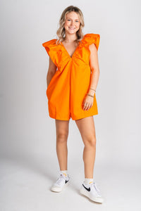 Denim ruffle romper sunkist - Trendy romper - Fashion Rompers & Pantsuits at Lush Fashion Lounge Boutique in Oklahoma City