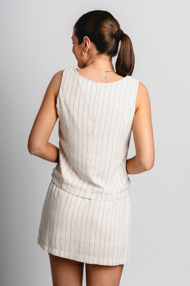 Striped tie front top oatmeal