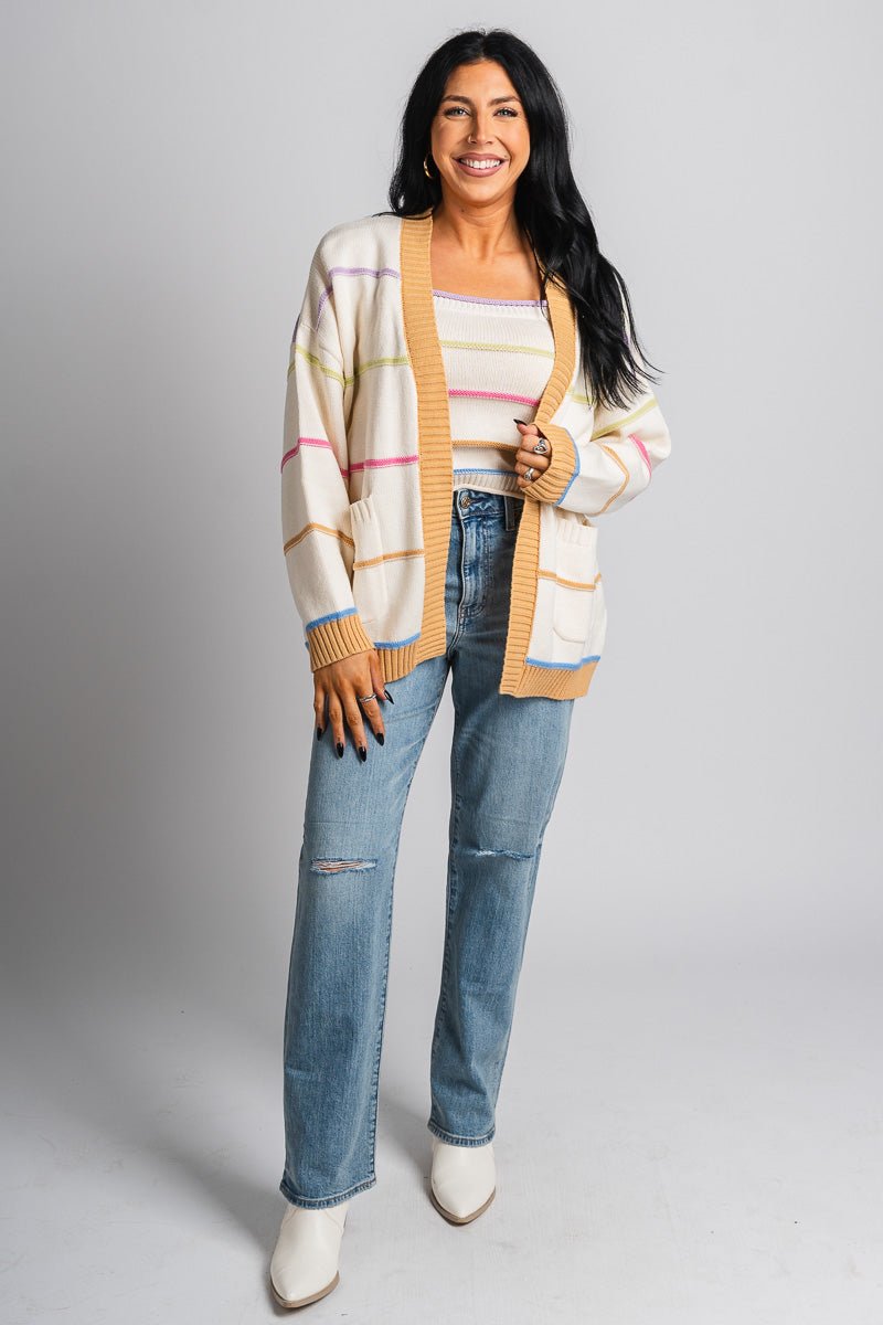 Stripe sweater cardigan ivory - Trendy Cardigan - Fashion Cardigans & Cute Kimonos at Lush Fashion Lounge Boutique in Oklahoma City