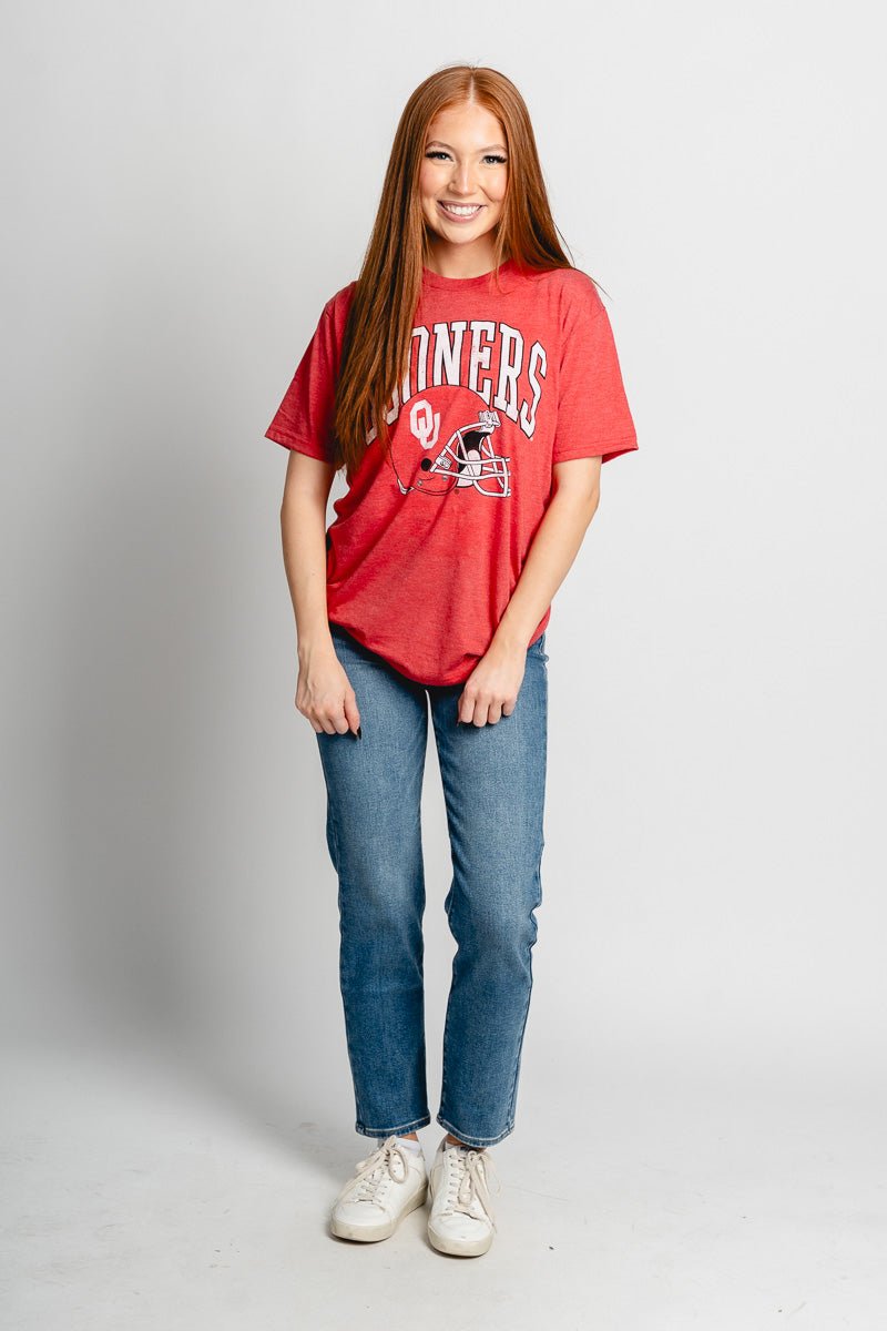 OU OU Sooners arch helmet unisex t-shirt red T-shirt | Lush Fashion Lounge Trendy Oklahoma University Sooners Apparel & Cute Gameday T-Shirts