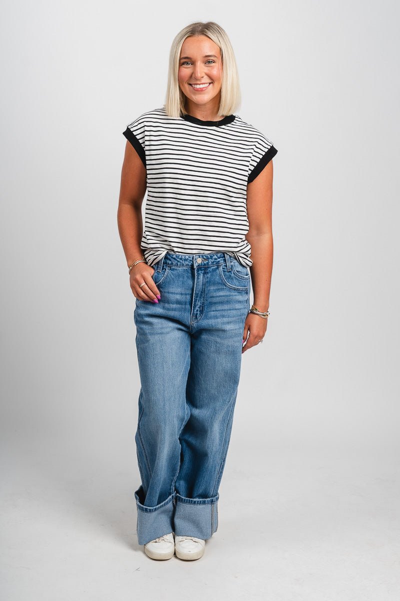 Nautical cap sleeve tank top black/white - Trendy top - Fashion Tank Tops at Lush Fashion Lounge Boutique in Oklahoma City