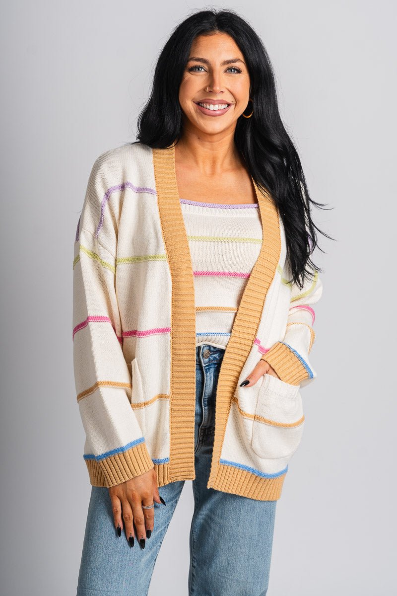 Stripe sweater cardigan ivory - Cute Cardigan - Trendy Cardigans & Stylish Kimonos at Lush Fashion Lounge Boutique in Oklahoma City