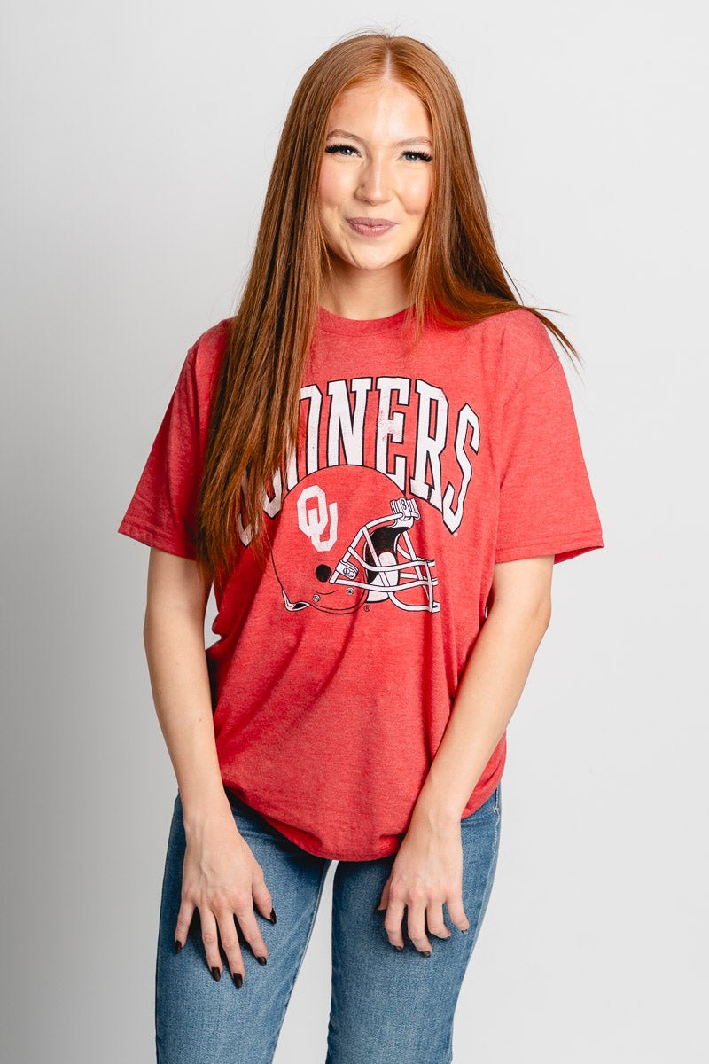 OU OU Sooners arch helmet unisex t-shirt red T-shirt | Lush Fashion Lounge Trendy Oklahoma University Sooners Apparel & Cute Gameday T-Shirts