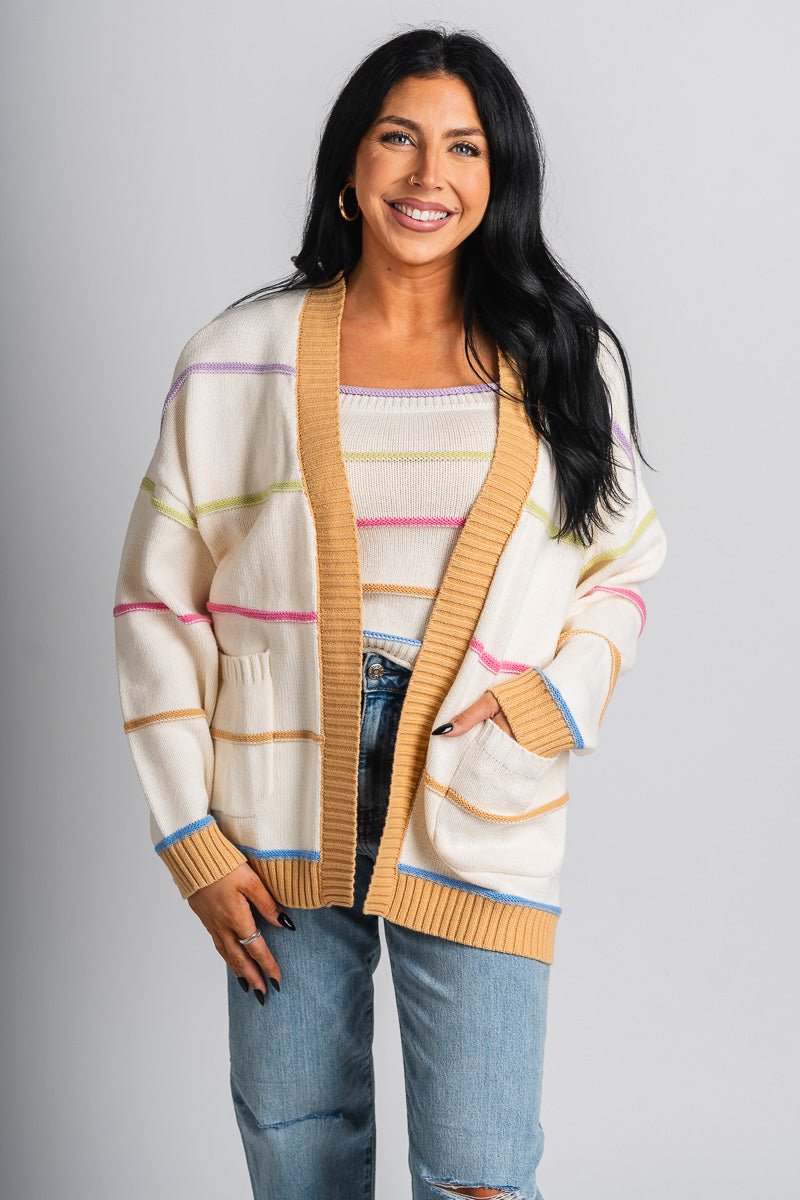 Stripe sweater cardigan ivory - Affordable Cardigan - Boutique Cardigans & Trendy Kimonos at Lush Fashion Lounge Boutique in Oklahoma City