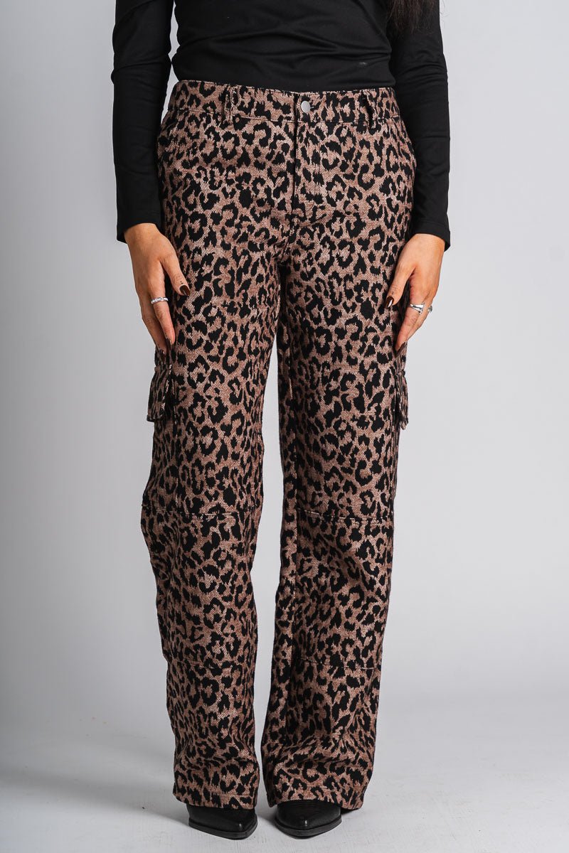 Leopard cargo jeans brown/black | Lush Fashion Lounge: boutique women's jeans, fashion jeans for women, affordable fashion jeans, cute boutique jeans