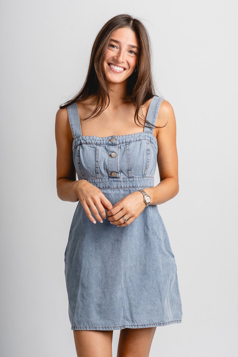 Empire waist denim dress denim - Affordable dress - Boutique Dresses at Lush Fashion Lounge Boutique in Oklahoma City