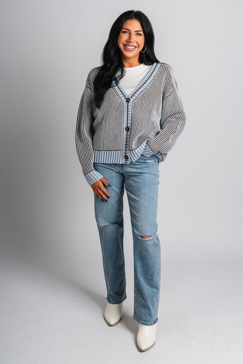 Ribbed knit sweater cardigan blue – Unique Sweaters | Lounging Sweaters and Womens Fashion Sweaters at Lush Fashion Lounge Boutique in Oklahoma City