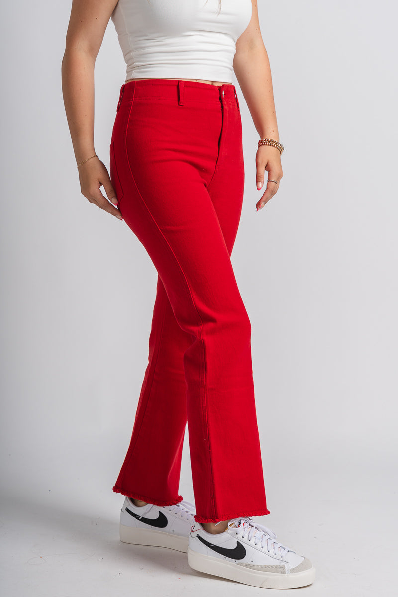 High waist flare jeans red | Lush Fashion Lounge: boutique women's jeans, fashion jeans for women, affordable fashion jeans, cute boutique jeans