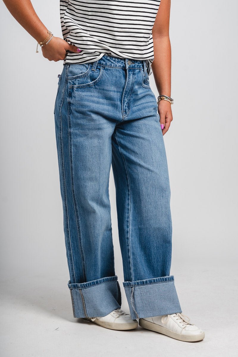 Vervet super high rise cuffed wide leg jeans dark denim | Lush Fashion Lounge: boutique women's jeans, fashion jeans for women, affordable fashion jeans, cute boutique jeans