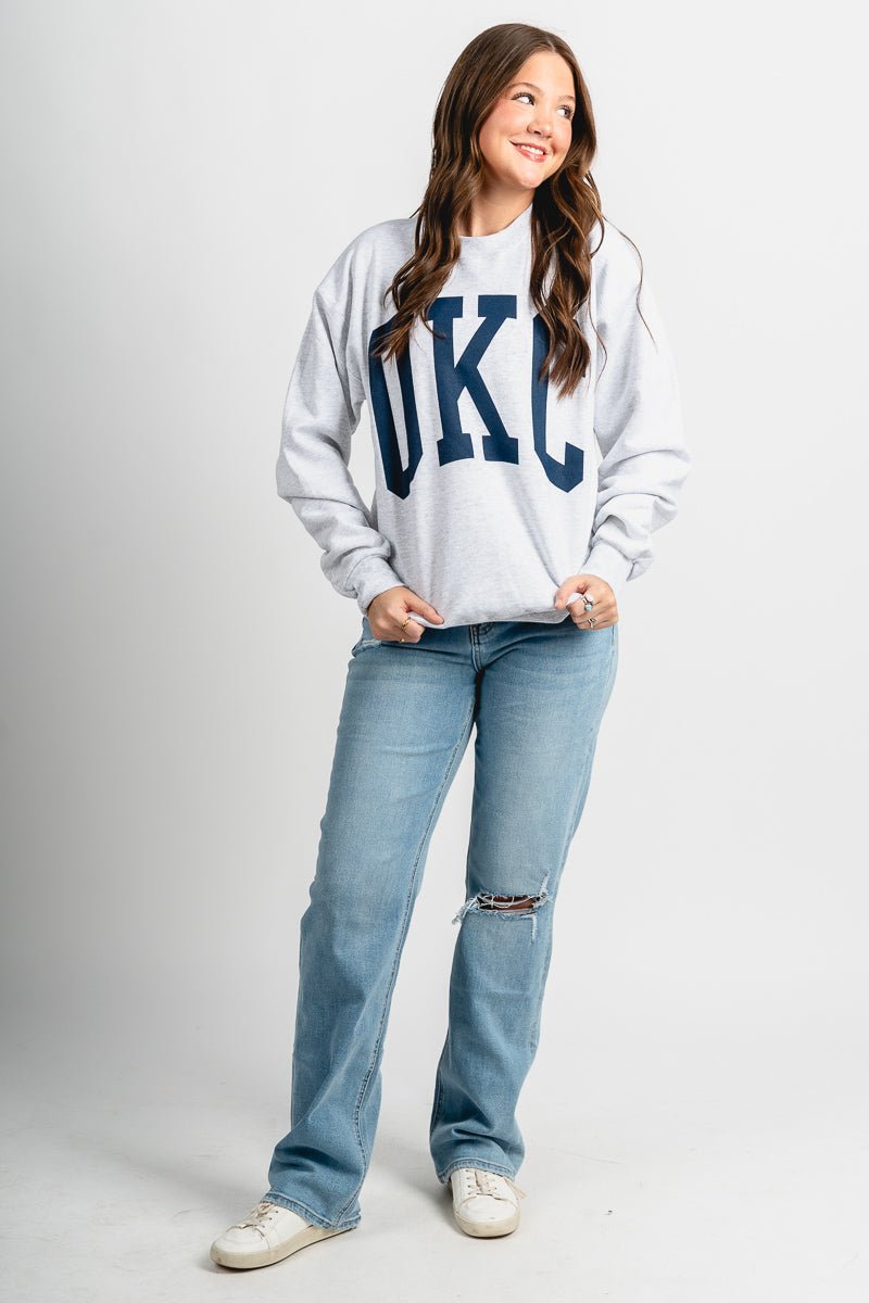 OKC basketball crew neck sweatshirt ash - Trendy OKC Thunder T-Shirts at Lush Fashion Lounge Boutique in Oklahoma City
