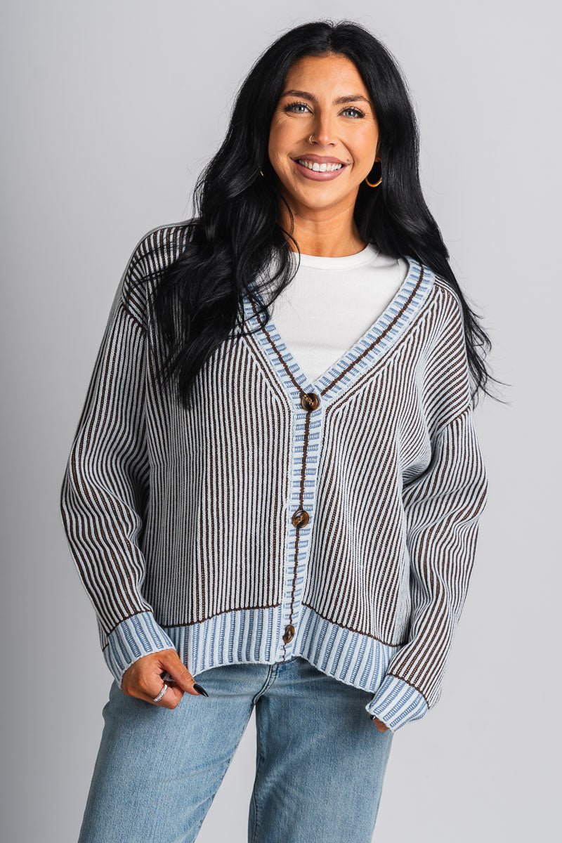 Ribbed knit sweater cardigan blue - Cute Cardigan - Trendy Cardigans & Stylish Kimonos at Lush Fashion Lounge Boutique in Oklahoma City