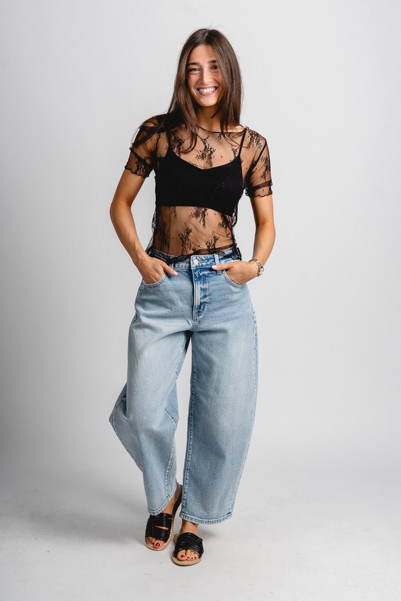 Mesh lace short sleeve top black