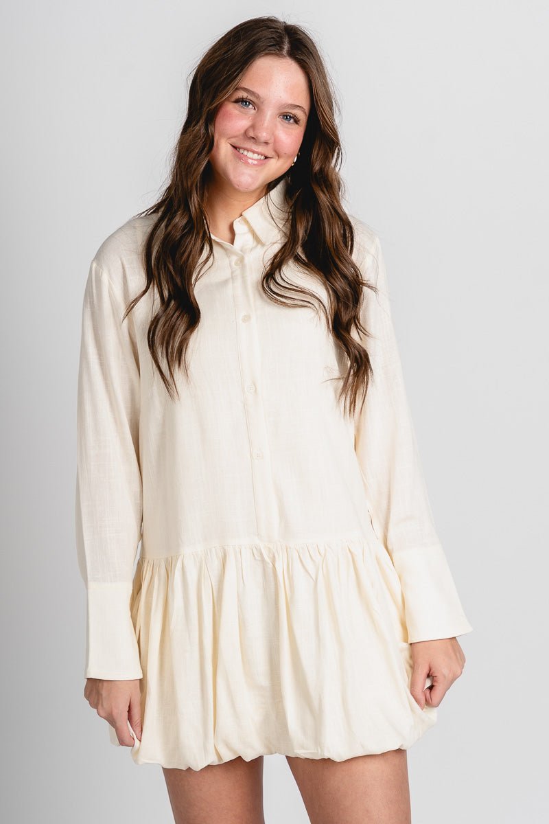 Bubble hem shirt dress oatmeal - Stylish dress - Cute Easter Outfits at Lush Fashion Lounge Boutique in Oklahoma