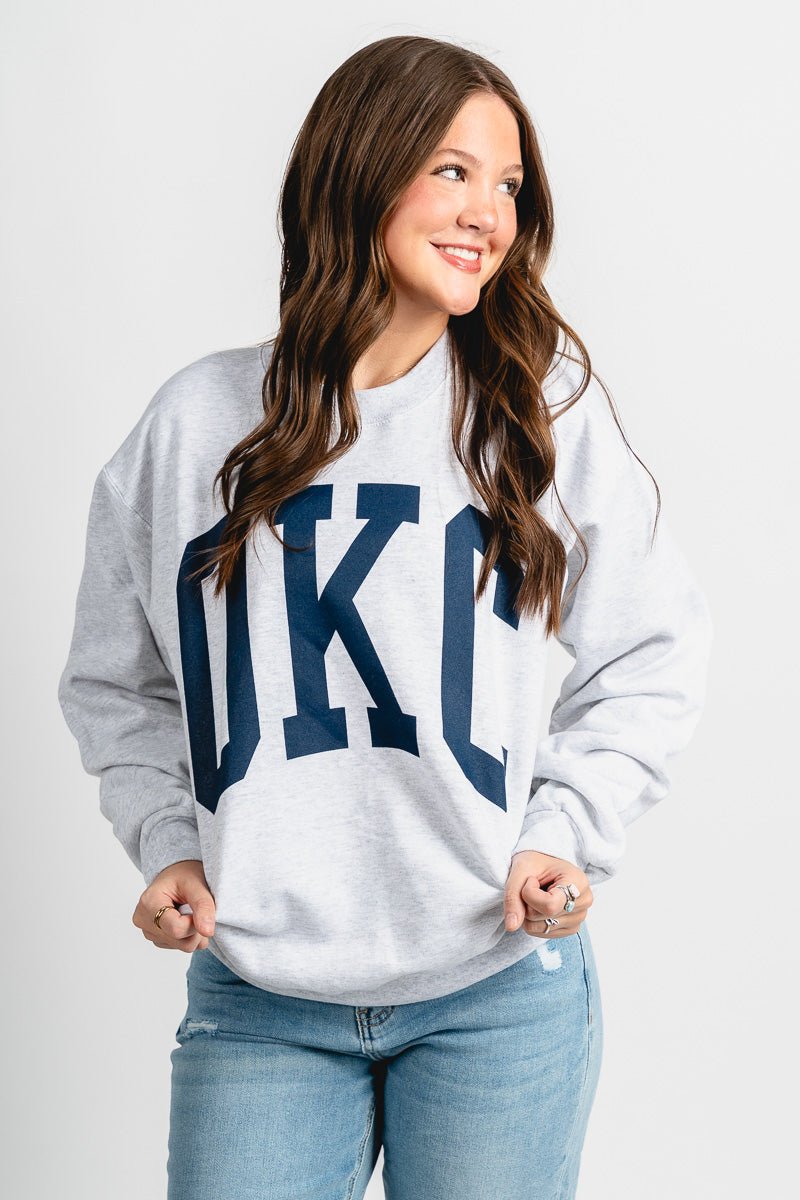 OKC basketball crew neck sweatshirt ash - Trendy Oklahoma City Basketball T-Shirts Lush Fashion Lounge Boutique in Oklahoma City