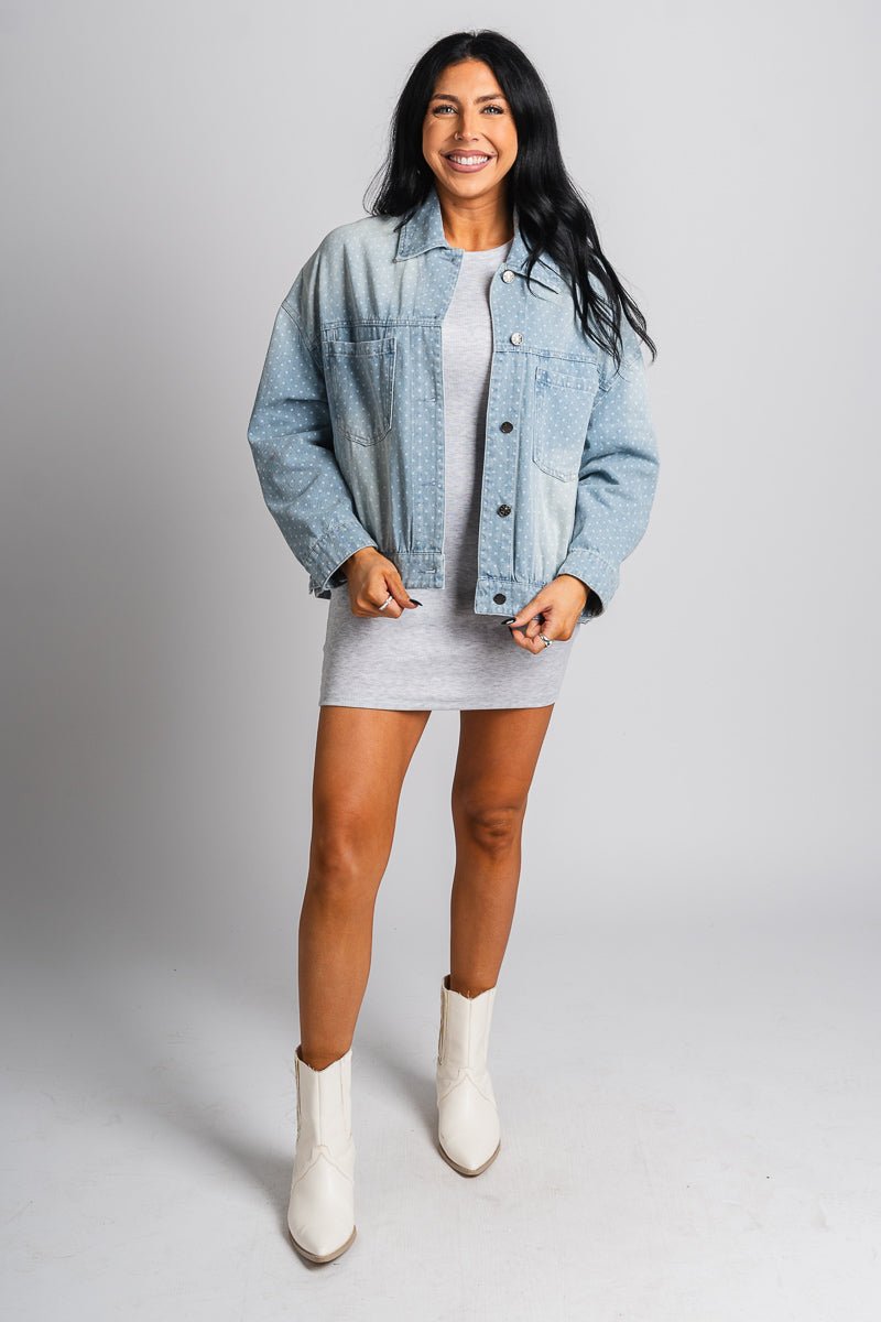 Polka dot denim jacket light blue – Fashionable Jackets | Trendy Blazers at Lush Fashion Lounge Boutique in Oklahoma City