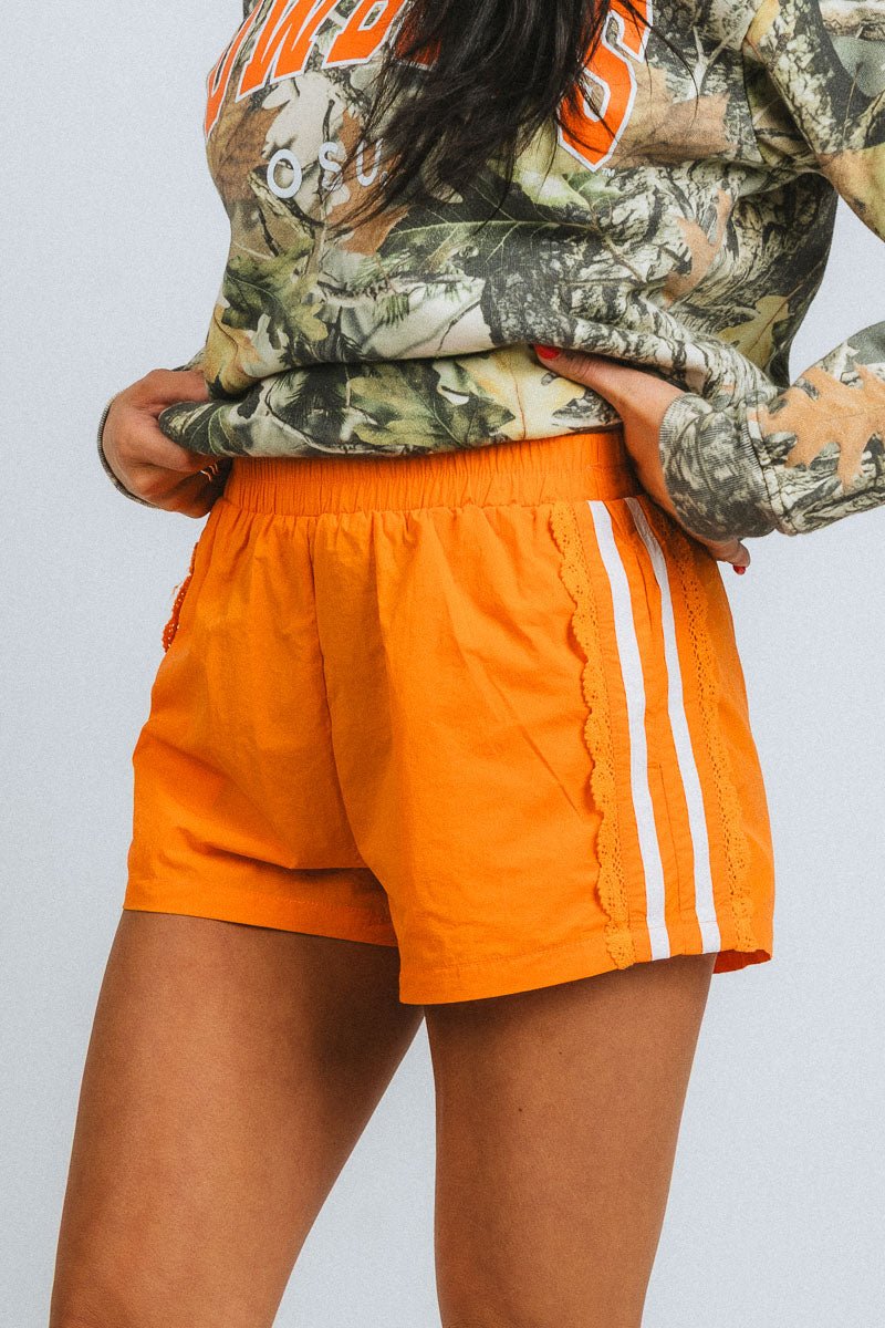 Lace trim track shorts orange - Cute Shorts - Trendy Shorts at Lush Fashion Lounge Boutique in Oklahoma City