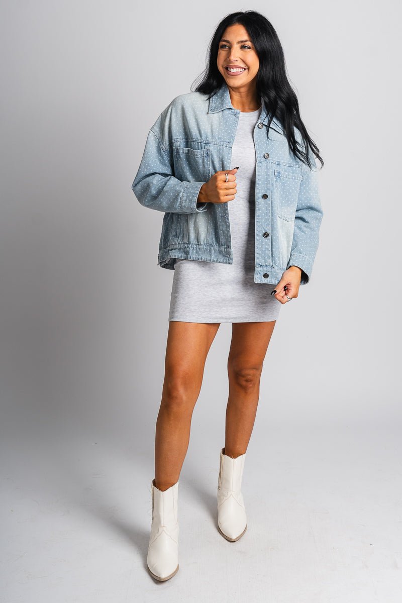 Polka dot denim jacket light blue – Unique Blazers | Cute Blazers For Women at Lush Fashion Lounge Boutique in Oklahoma City