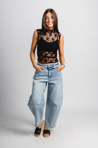 Mesh lace ruched tank top black - Trendy tank top - Fashion Tank Tops at Lush Fashion Lounge Boutique in Oklahoma City