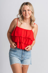 Ruffle tank top red - Affordable Top - Boutique Tank Tops at Lush Fashion Lounge Boutique in Oklahoma City