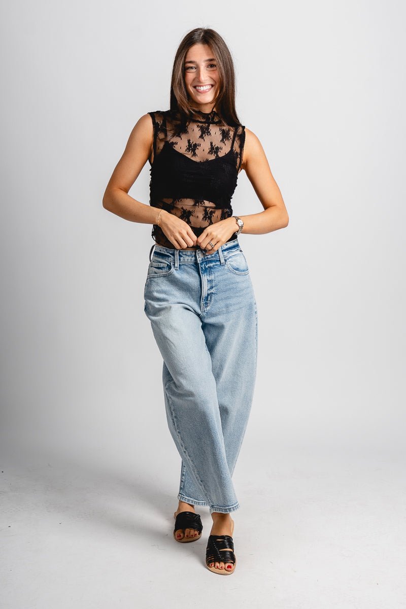 Mesh lace ruched tank top black Stylish tank top - Womens Fashion Tank Tops at Lush Fashion Lounge Boutique in Oklahoma City