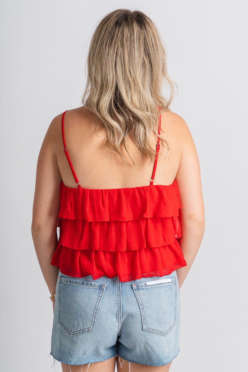 Ruffle tank top red Stylish Top - Womens Fashion Tank Tops at Lush Fashion Lounge Boutique in Oklahoma City