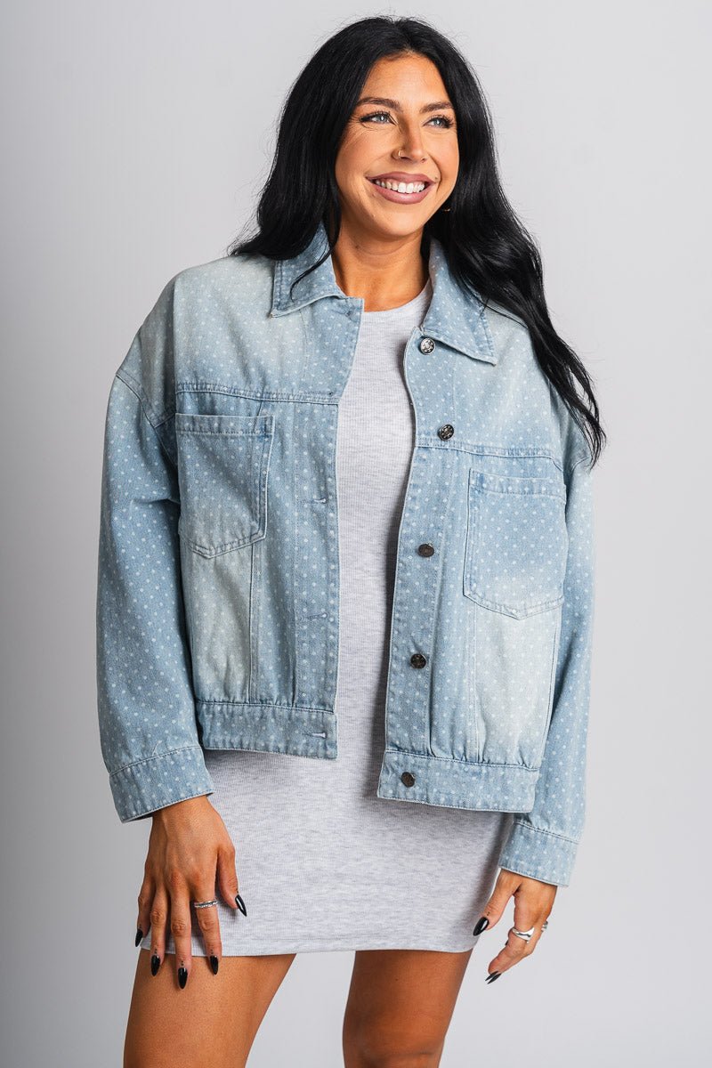 Polka dot denim jacket light blue – Affordable Blazers | Cute Black Jackets at Lush Fashion Lounge Boutique in Oklahoma City