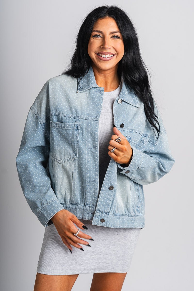 Polka dot denim jacket light blue – Trendy Jackets | Cute Fashion Blazers at Lush Fashion Lounge Boutique in Oklahoma City