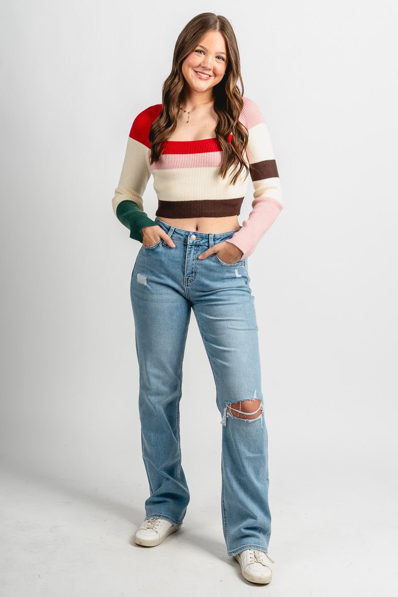 Color block crop sweater red multi - Trendy Sweaters | Cute Pullover Sweaters at Lush Fashion Lounge Boutique in Oklahoma City