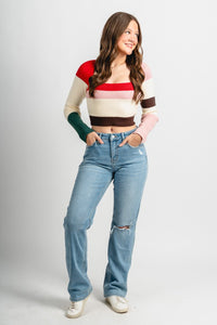 Color block crop sweater red multi – Unique Sweaters | Lounging Sweaters and Womens Fashion Sweaters at Lush Fashion Lounge Boutique in Oklahoma City