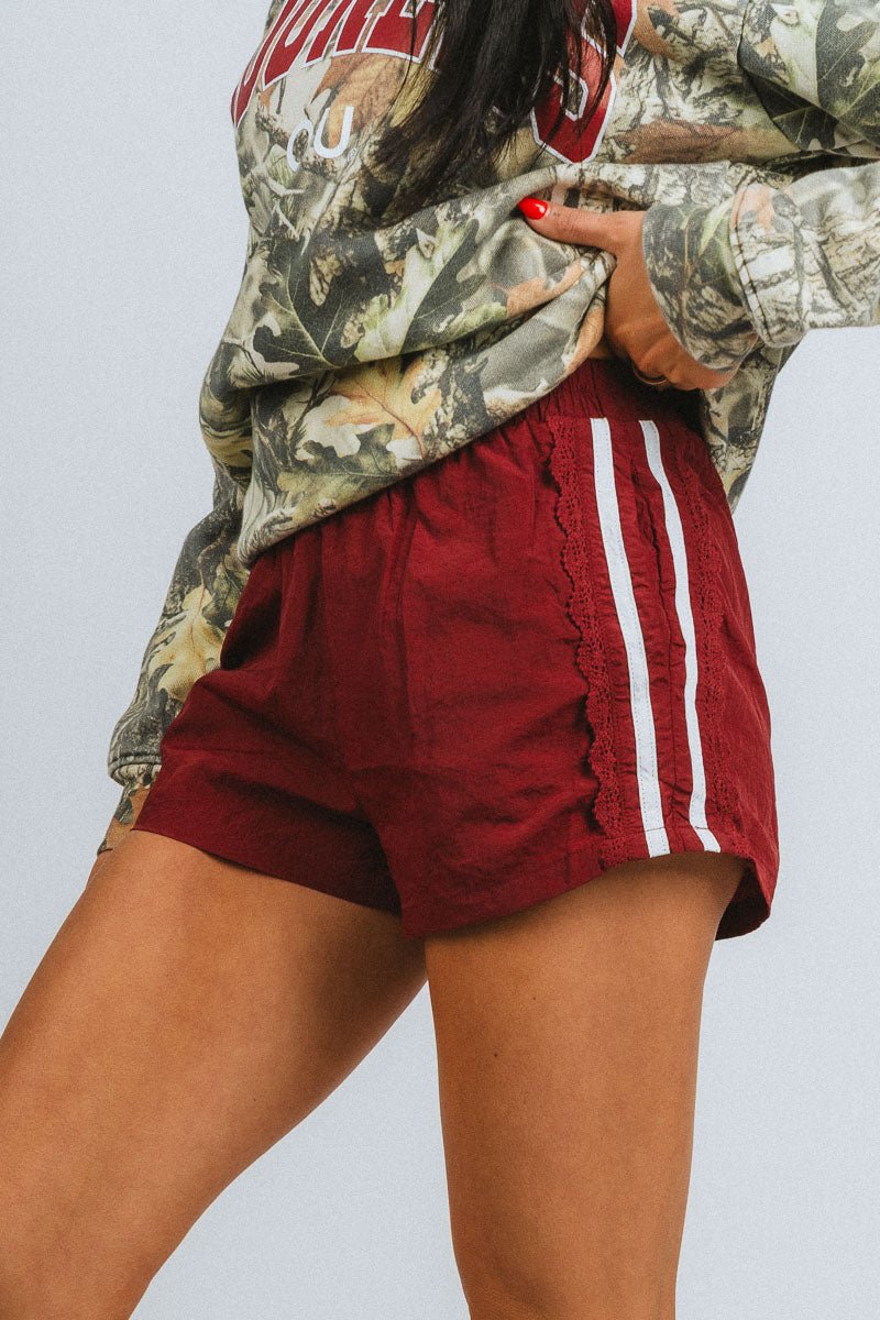 Lace trim track shorts burgundy - Cute Shorts - Trendy Shorts at Lush Fashion Lounge Boutique in Oklahoma City