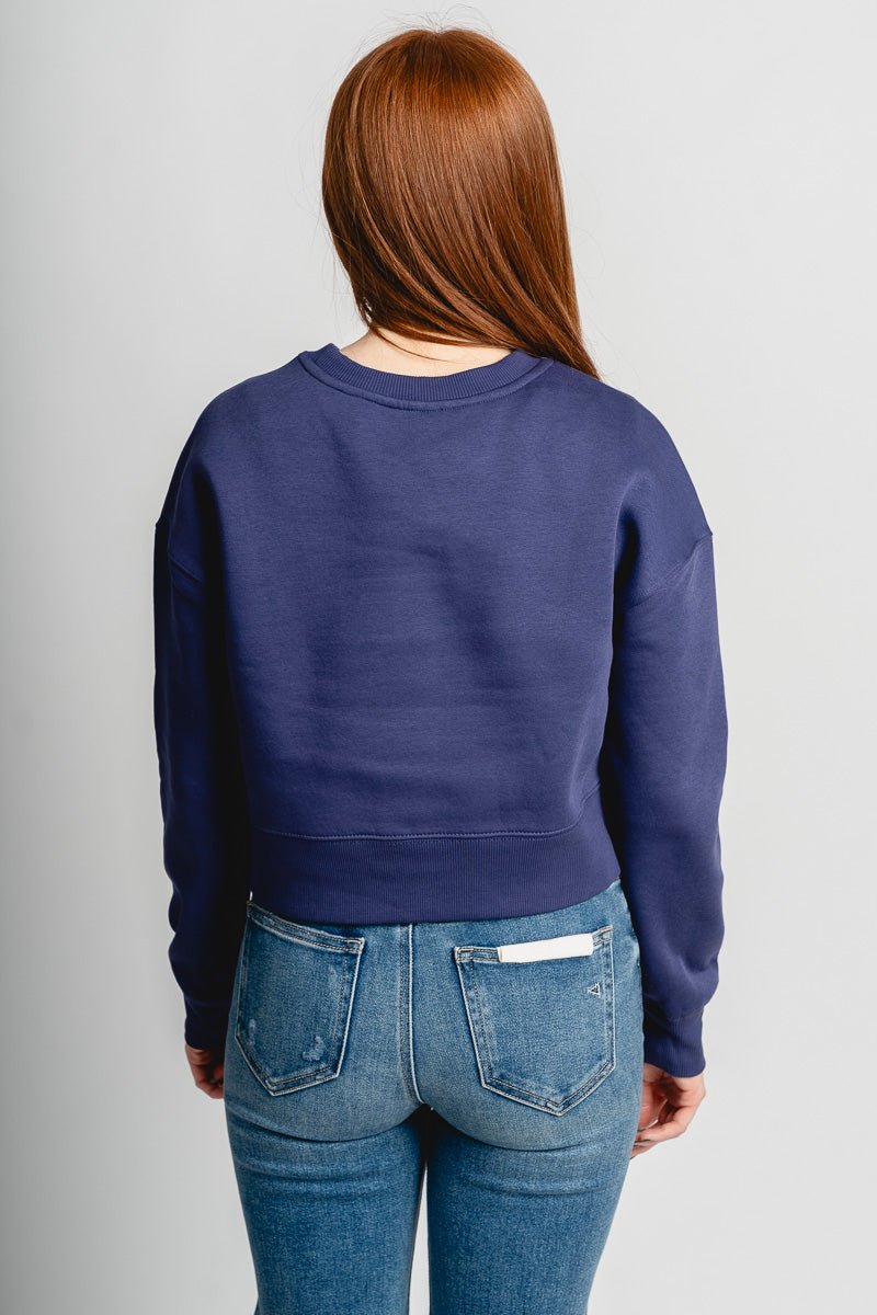 OKC bolt crop sweatshirt navy - Vintage OKC Basketball T-Shirts at Lush Fashion Lounge Boutique in Oklahoma City