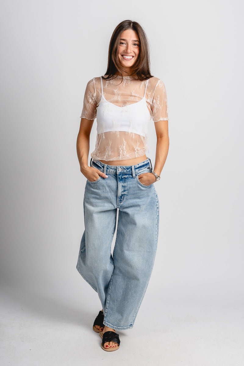 Mesh lace short sleeve top beige