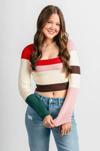 Color block crop sweater red multi – Stylish Sweaters | Boutique Sweaters at Lush Fashion Lounge Boutique in Oklahoma City
