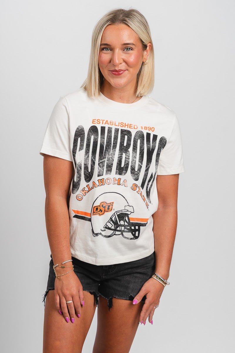 OSU OSU Cowboys established Ellie crop tee vintage white T-shirt | Lush Fashion Lounge Trendy Oklahoma State Cowboys Apparel & Cute Gameday T-Shirts