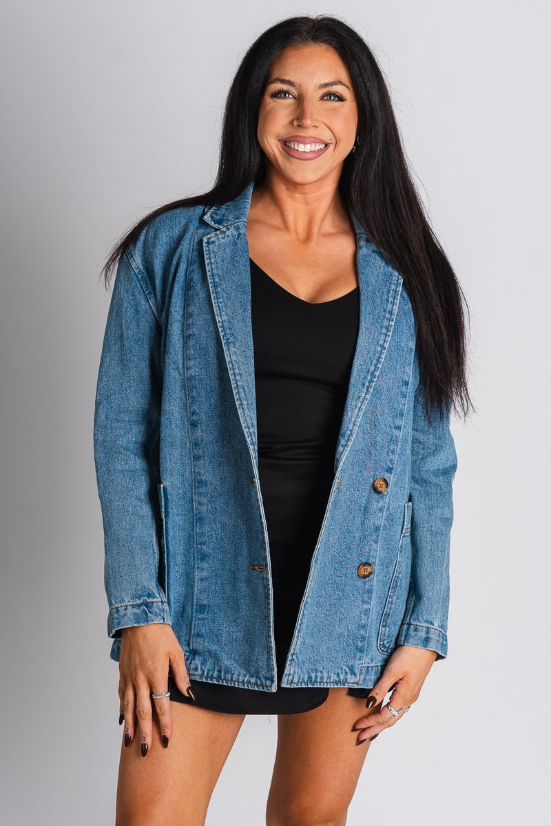 Oversized denim blazer blue – Fashionable Jackets | Trendy Blazers at Lush Fashion Lounge Boutique in Oklahoma City