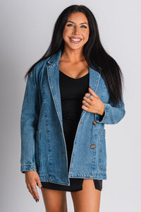 Oversized denim blazer blue – Trendy Jackets | Cute Fashion Blazers at Lush Fashion Lounge Boutique in Oklahoma City