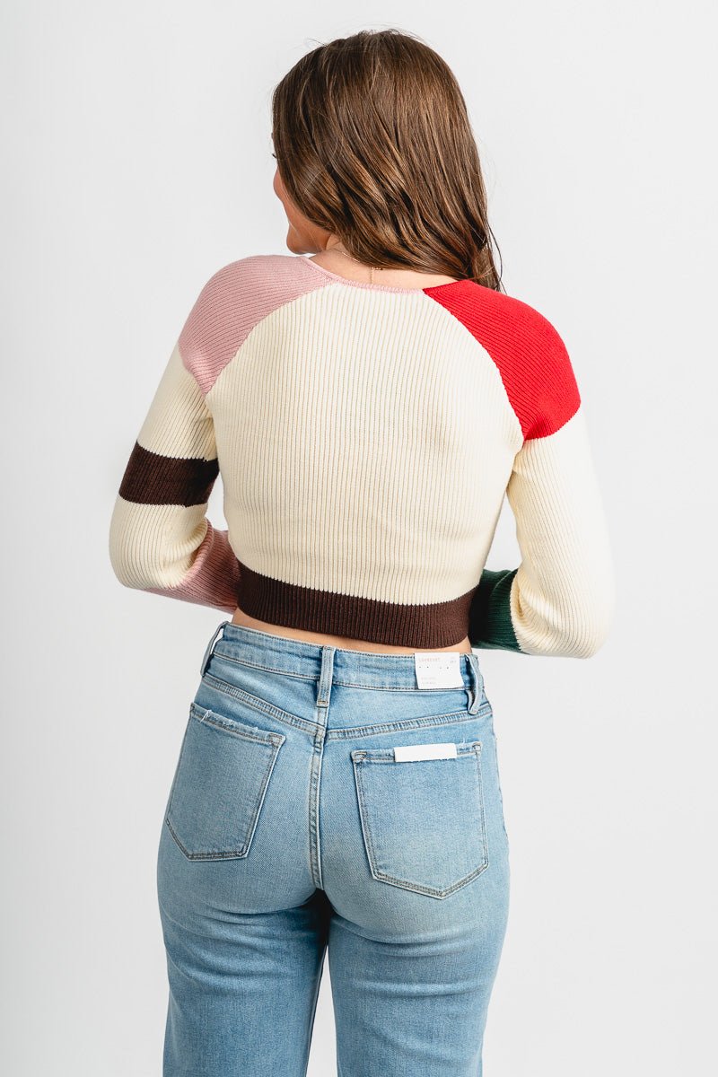 Color block crop sweater red multi