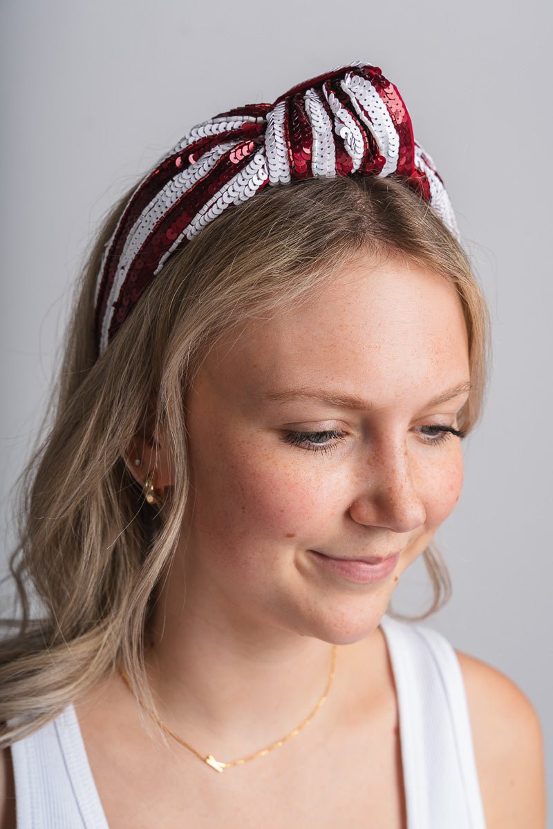 Sequin knot headband maroon/white - Trendy Gifts at Lush Fashion Lounge Boutique in Oklahoma City