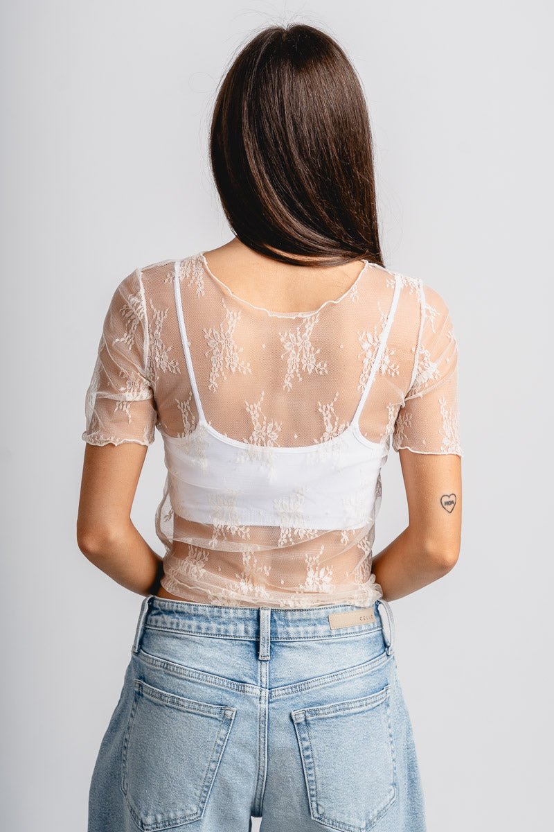 Mesh lace short sleeve top beige