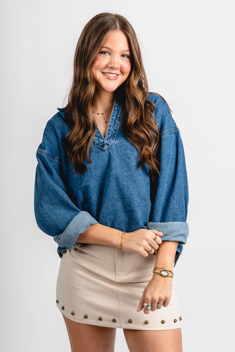 Collared denim top blue