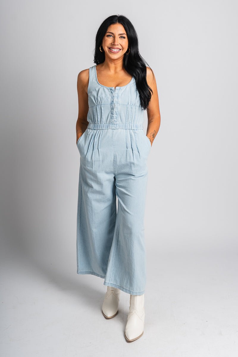 Sleeveless denim jumpsuit light blue - Cute Jumpsuit - Trendy Rompers and Pantsuits at Lush Fashion Lounge Boutique in Oklahoma City