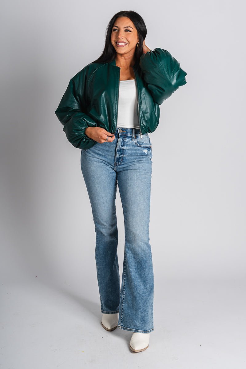 Puffer bomber jacket dark green – Unique Blazers | Cute Blazers For Women at Lush Fashion Lounge Boutique in Oklahoma City