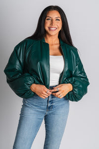 Puffer bomber jacket dark green – Trendy Jackets | Cute Fashion Blazers at Lush Fashion Lounge Boutique in Oklahoma City