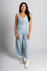 Sleeveless denim jumpsuit light blue - Trendy Jumpsuit - Fashion Rompers & Pantsuits at Lush Fashion Lounge Boutique in Oklahoma City