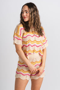Crochet wave print top beige - Cute Top - Fun Vacay Basics at Lush Fashion Lounge Boutique in Oklahoma City