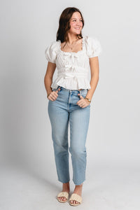 Square neck smocked top off white - Cute top - Trendy Easter Clothing Line at Lush Fashion Lounge Boutique in Oklahoma