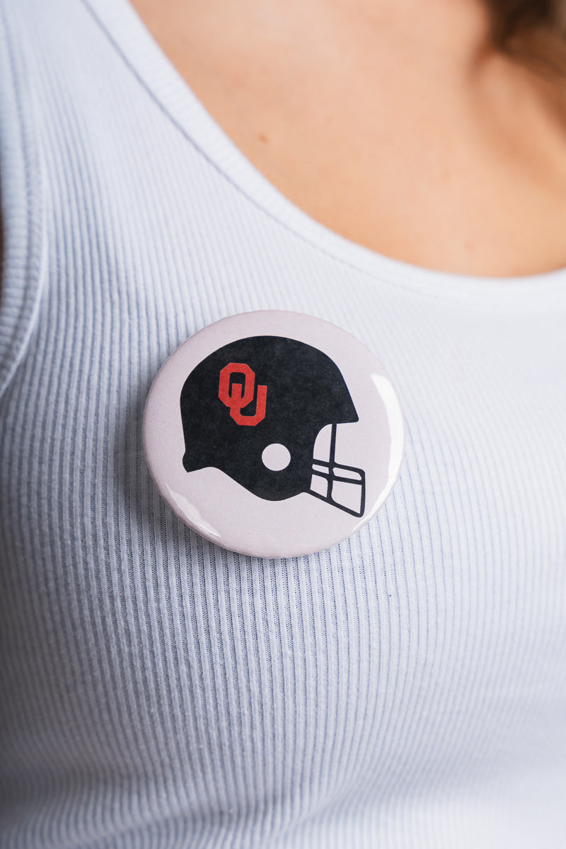 OU OU Helmet 2.25 inch button button White | Lush Fashion Lounge Trendy Oklahoma University Sooners Apparel & Cute Gameday T-Shirts