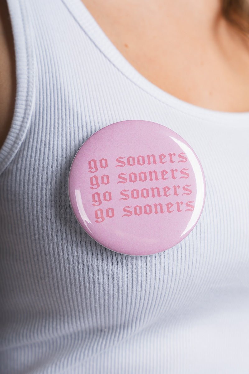 OU OU Go Sooners repeater 3 inch button button Pink | Lush Fashion Lounge Trendy Oklahoma University Sooners Apparel & Cute Gameday T-Shirts