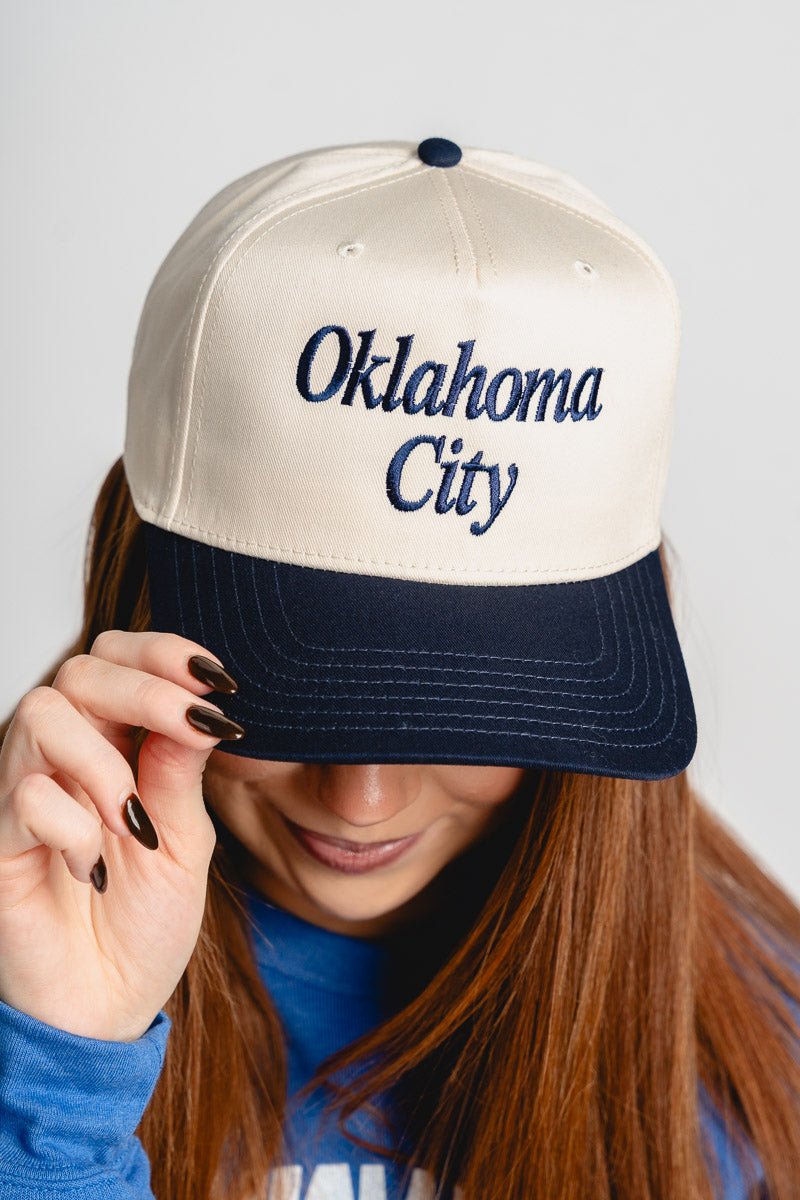 Oklahoma City stacked two tone hat natural/navy - Trendy Hats at Lush Fashion Lounge Boutique in Oklahoma City